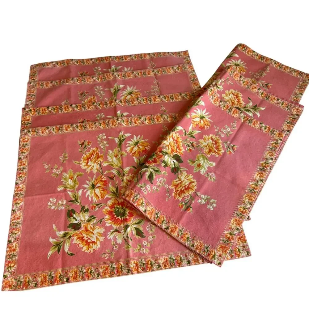 Vintage April Cornell Placemats Salmon Floral Print Set of 7
